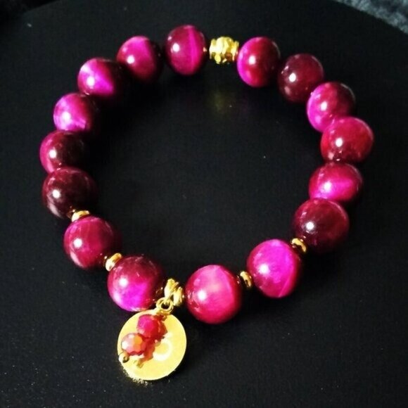 Upscale! Exclusive! Magenta & Hot Pink TigersEye w. Gold Om Aum Bracelet 6-6.5" - Picture 4 of 10